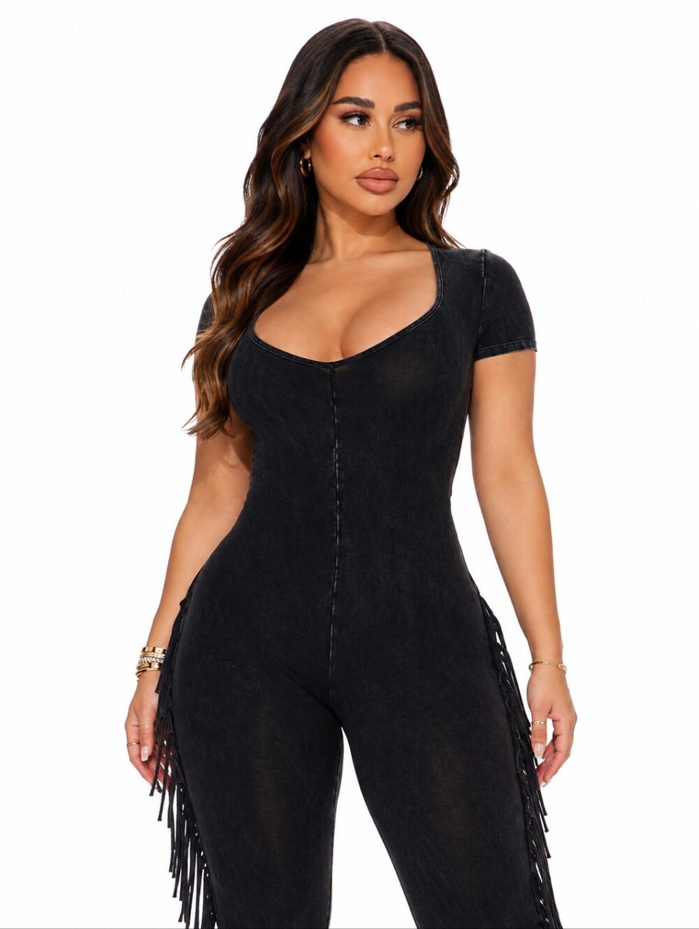 Flare Fringe Jumpsuit Black Short-Sleeve WOMENS LARGE - Picture 2 of 5